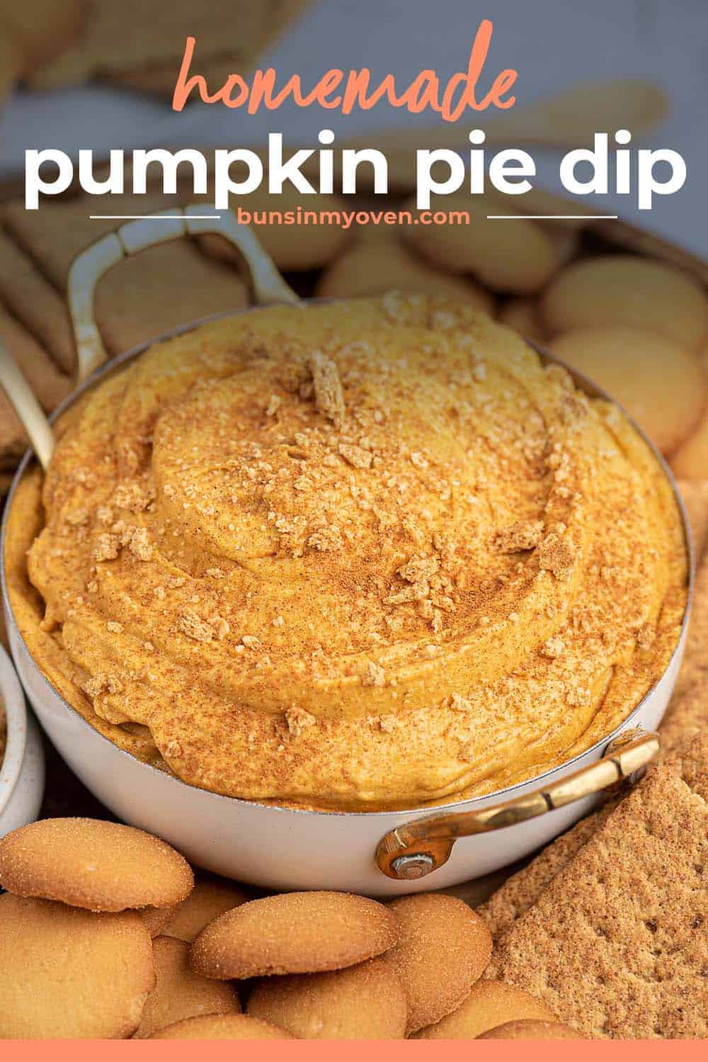 pumpkin pie dip in small dish with text for Pinterest.