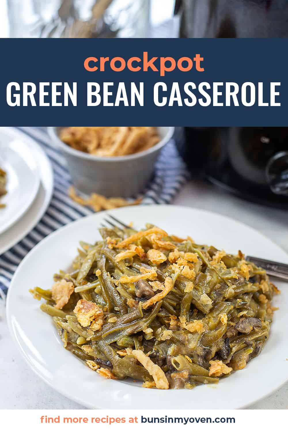 crockpot green bean casserole on white plate.