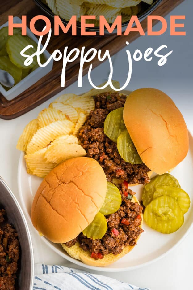 Sloppy joes on white plate with chips.