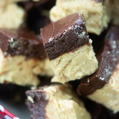 Stacked up pieces of buckeye fudge.