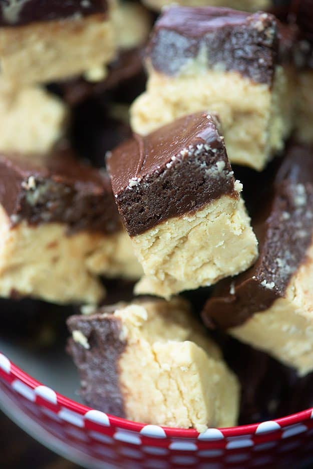 Stacked up pieces of buckeye fudge.