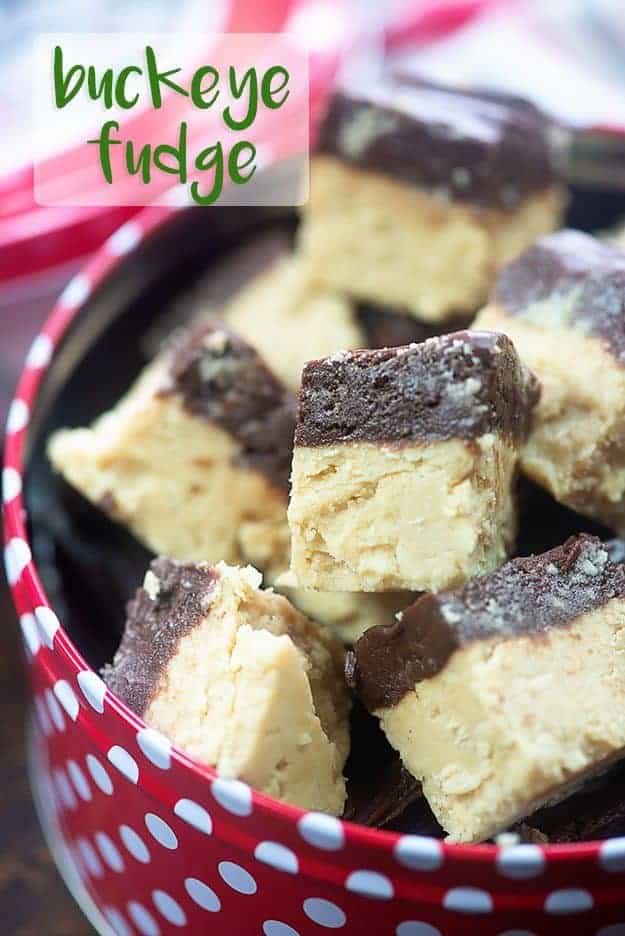 Several small cubes of buckeye fudge in a polka dot container.