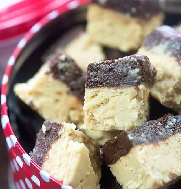 A stack of fudge in a polka dot container.