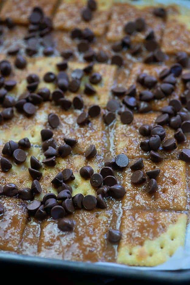 christmas toffee on baking sheet