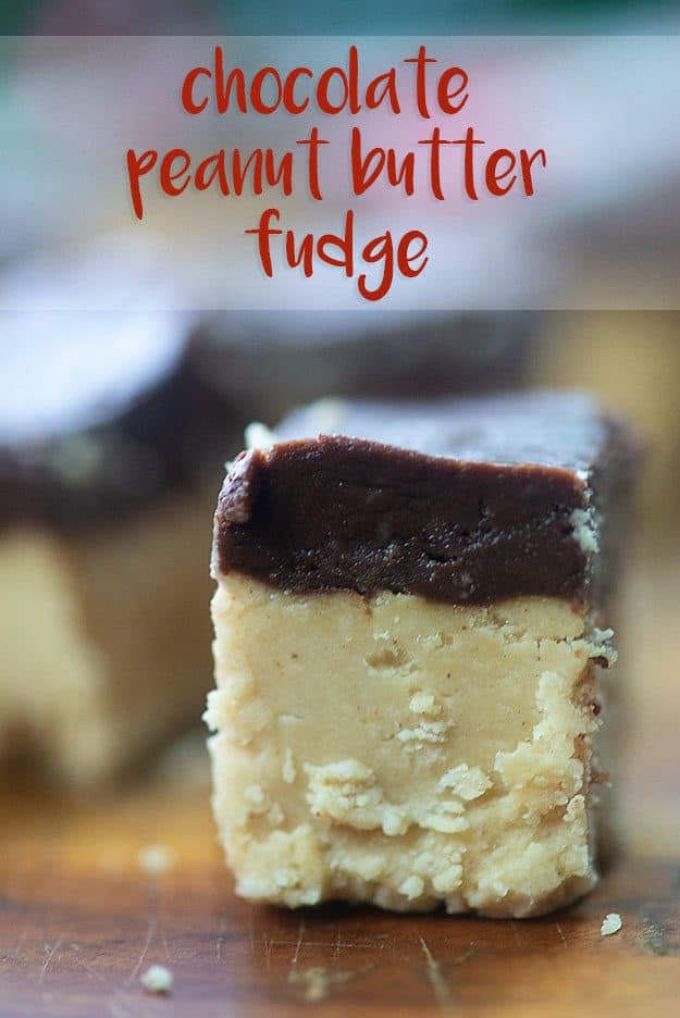 Close up of a side view of chocolate peanut butter fudge.