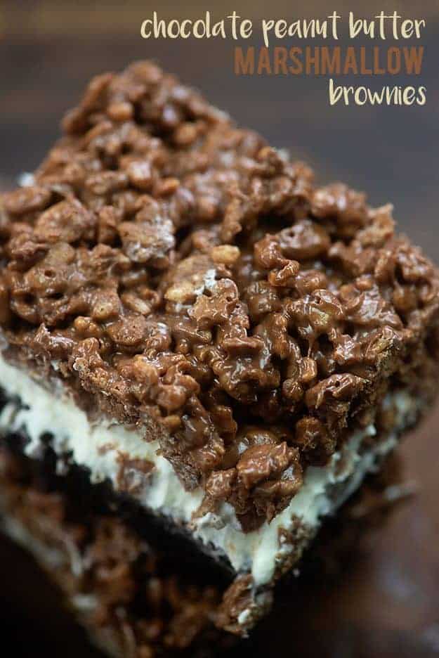 A close up of a piece of crispy brownies.