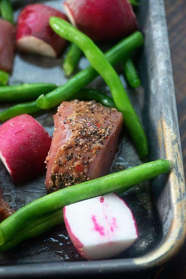 Sheet pan dinner with pork, radishes, and green beans
