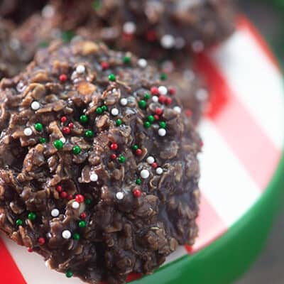 Chocolate peanut butter no-bake cookies with sprinkles.