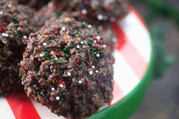 Chocolate peanut butter no-bake cookies with sprinkles.