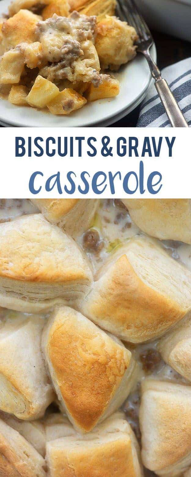 Biscuit and gravy casserole in a white bowl.