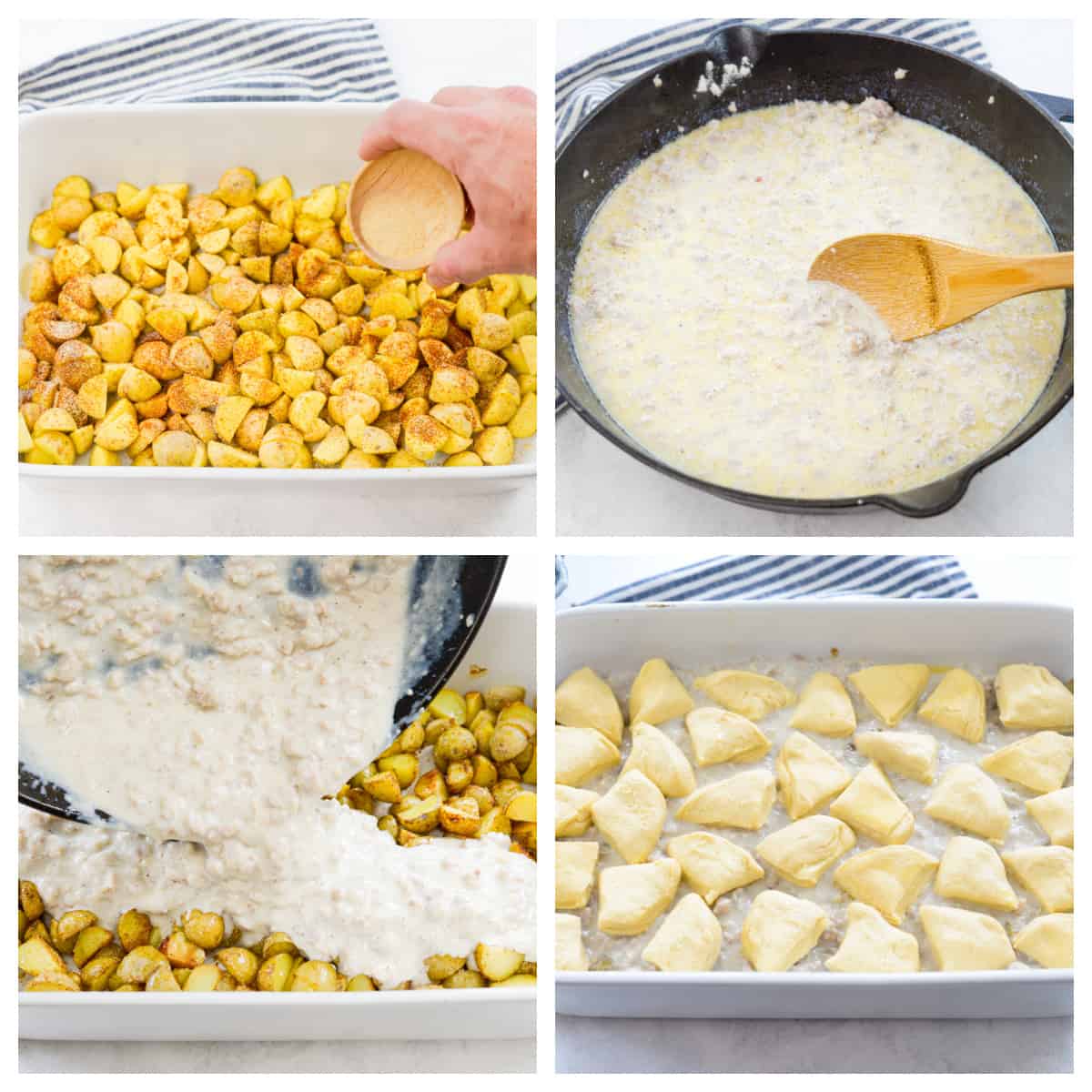 Collage of biscuits and gravy casserole recipe.