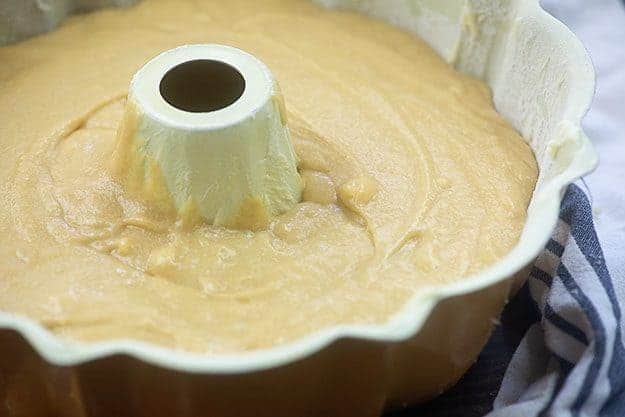 bundt cake dough in a bundt pan.