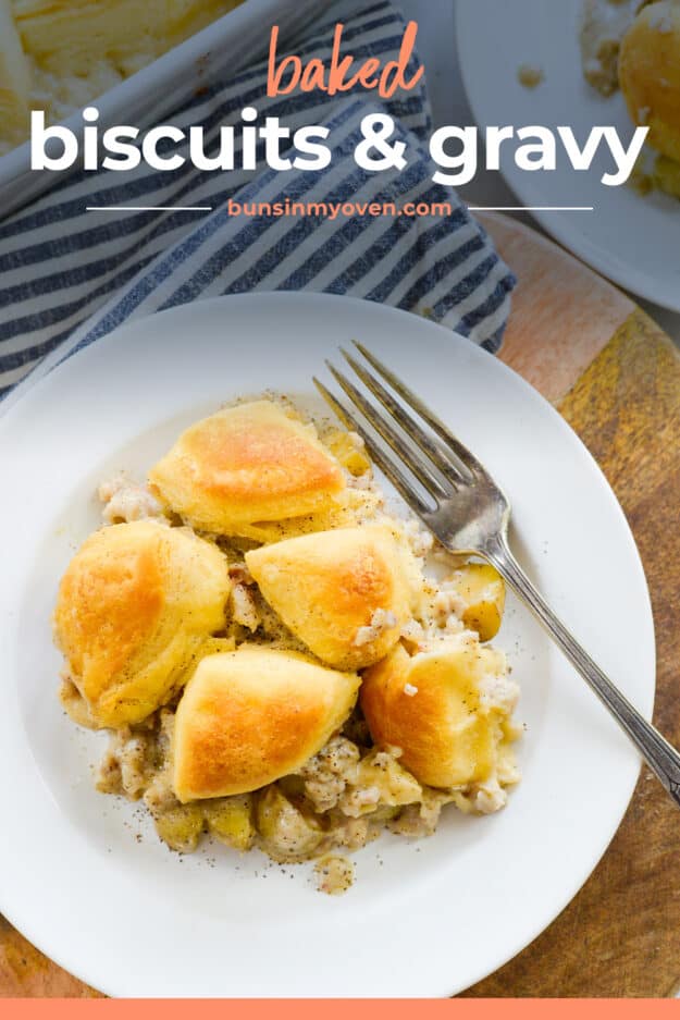 Biscuits and gravy on white plate with text for Pinterest.