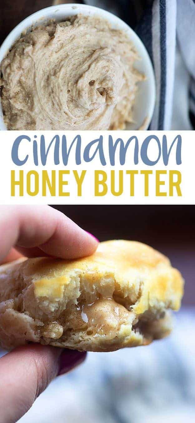 A half-eaten biscuit topped with cinnamon honey butter.