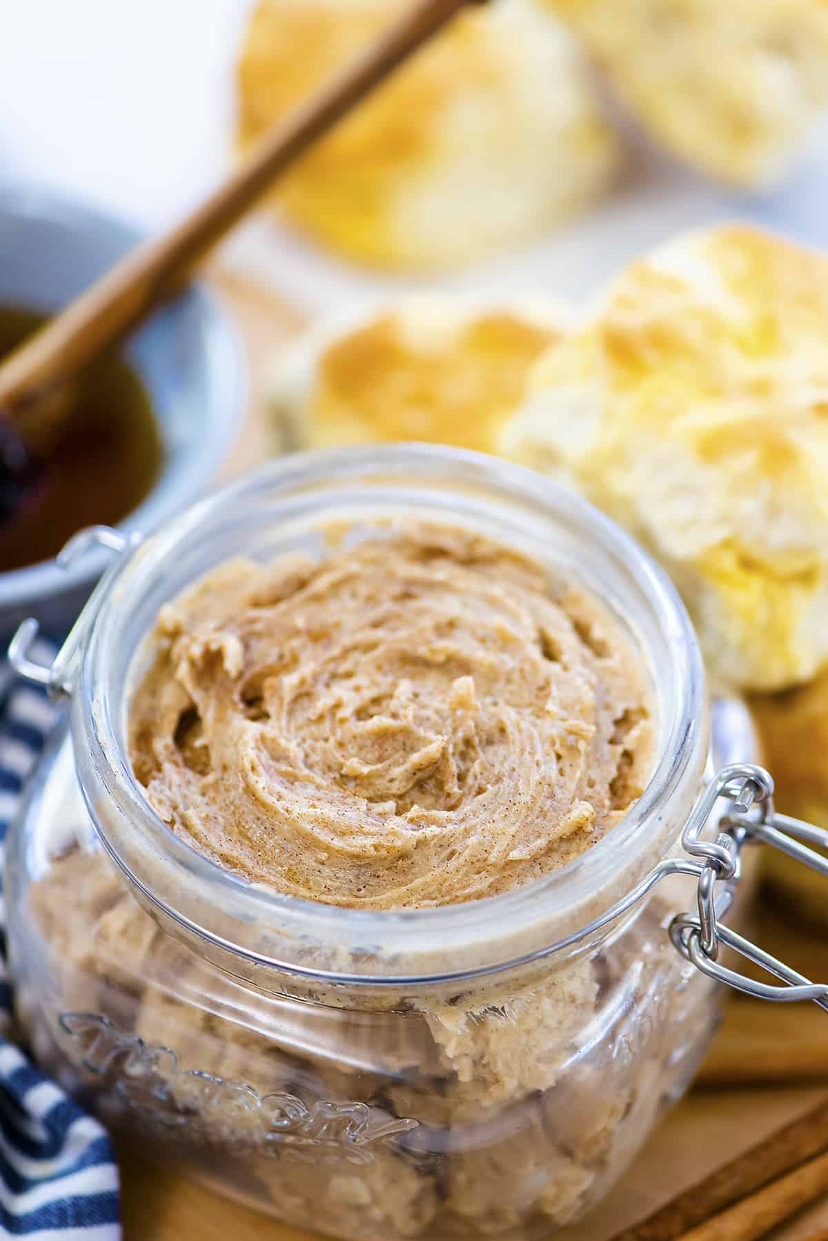 Cinnamon honey butter in glass jar.