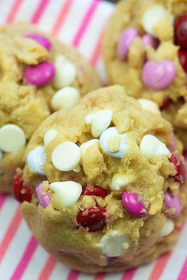 close up of a stack of M&M cookies.