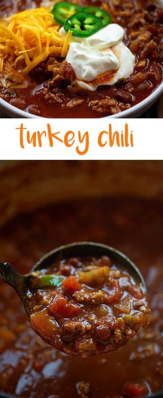 A ladle full of turkey chili.