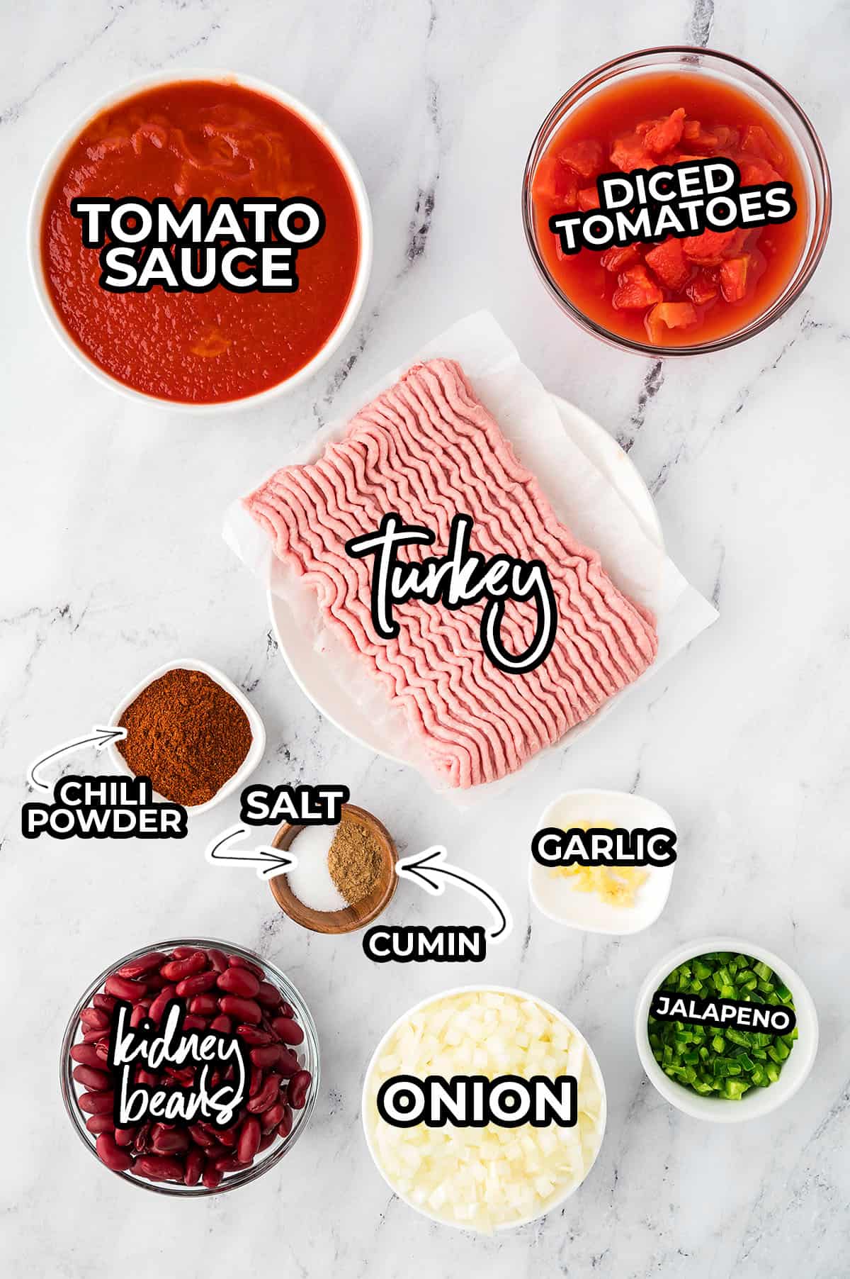 Ingredients for turkey chili recipe.