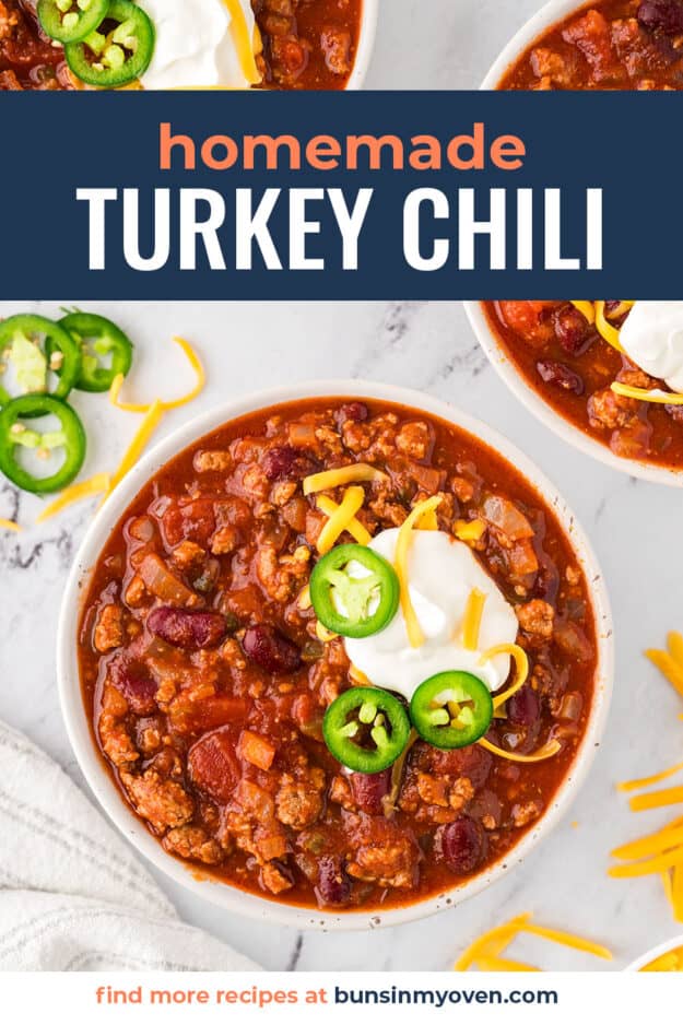 Healthy turkey chili recipe in white bowl.