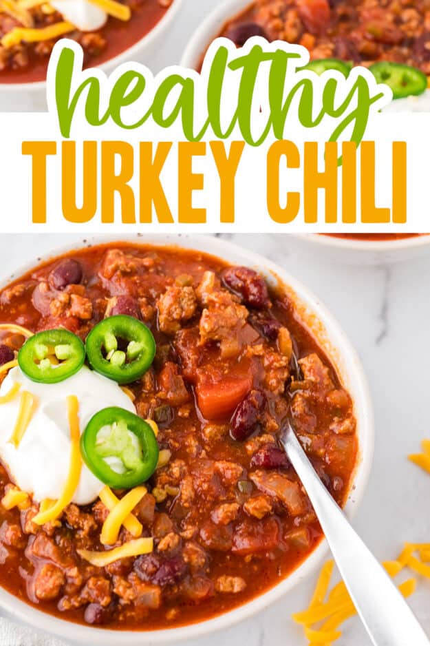 Homemade turkey chili in white bowl.