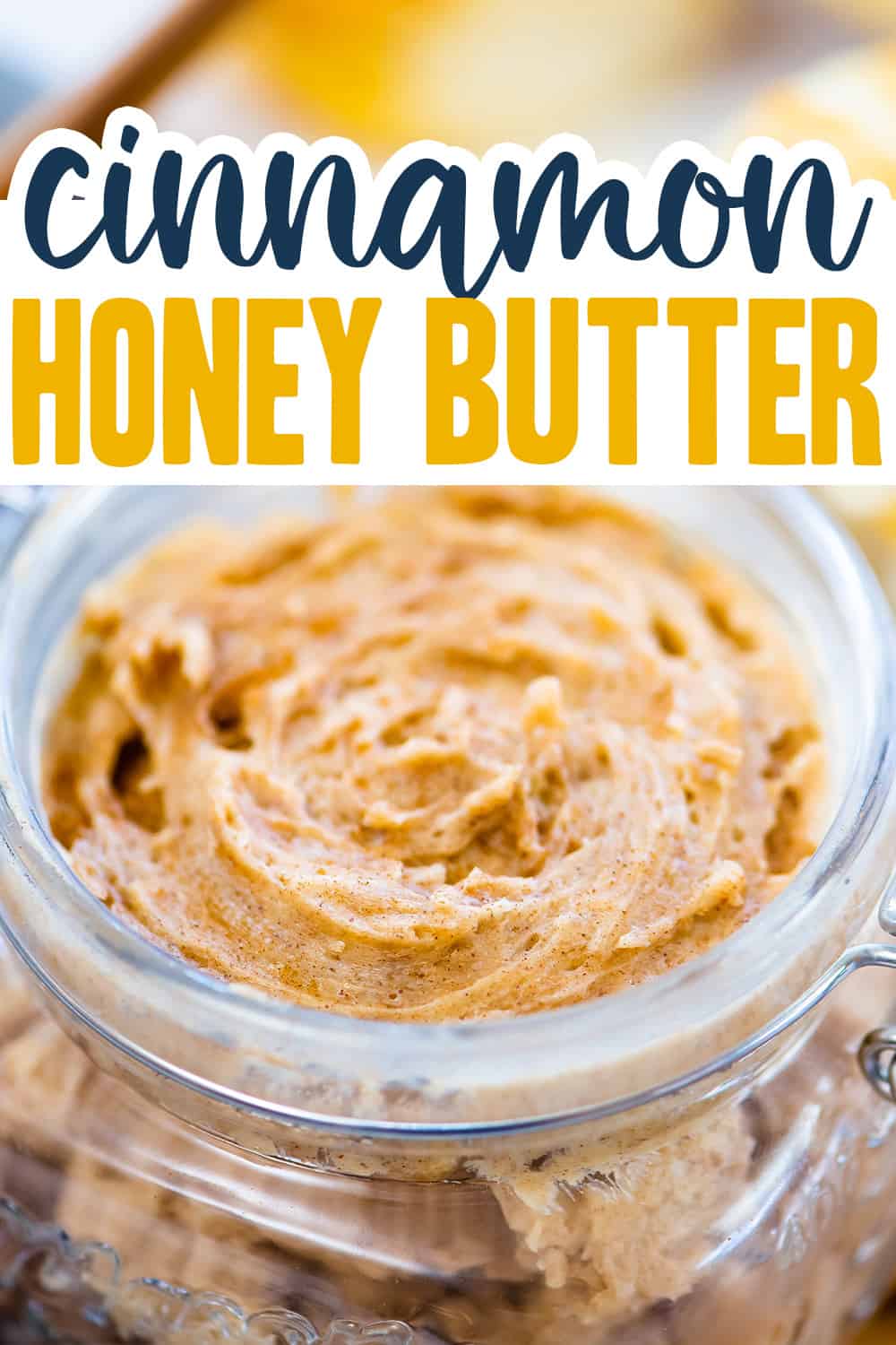 Close up of cinnamon honey butter in jar.