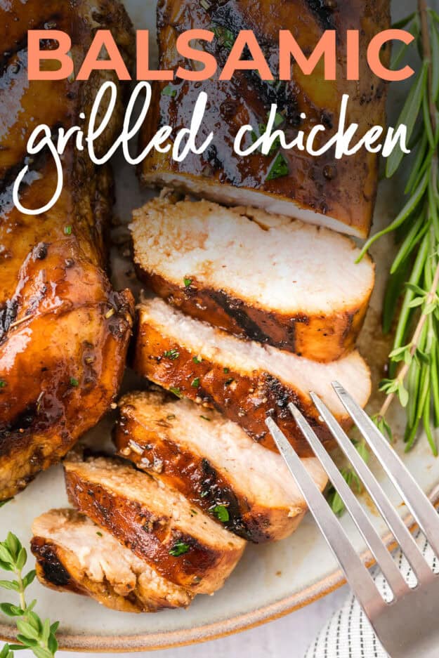 Sliced balsamic chicken on plate.