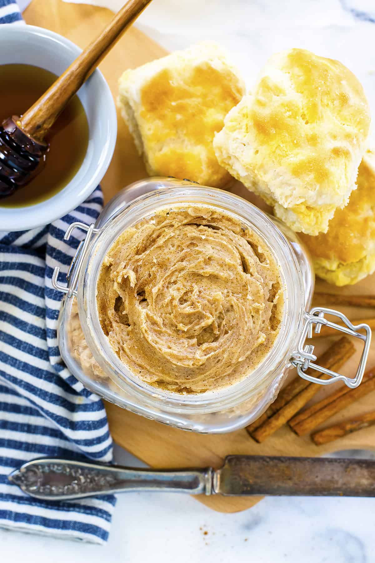 Overhead view of honey butter in jar.