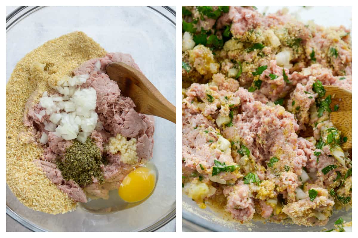 collage showing turkey meatballs being mixed together.