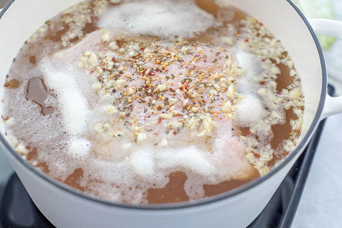 corned beef and beer in dutch oven.