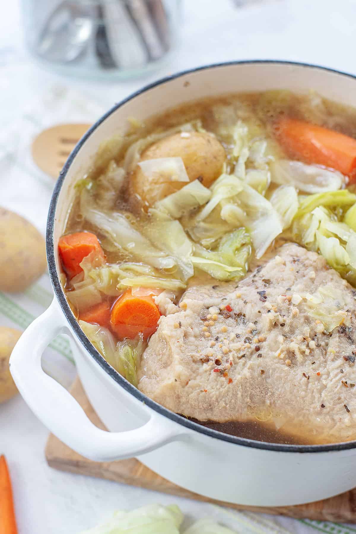 Dutch oven corned beef and cabbage.