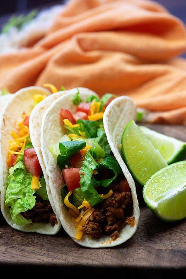 turkey tacos in flour tortilla.