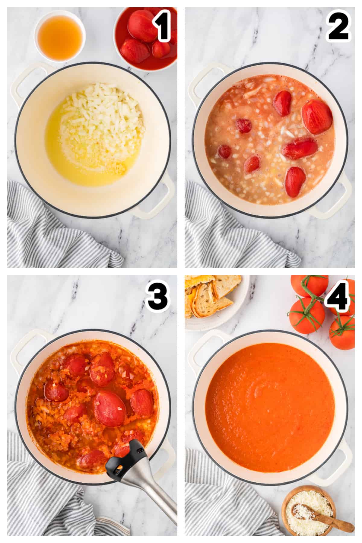Collage showing how to make homemade tomato soup.