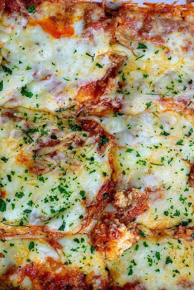 Overhead view of cooked lasagna
