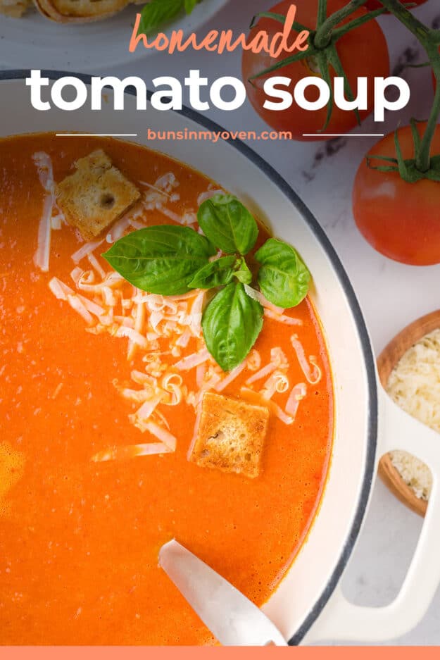 Homemade tomato soup in white pot.