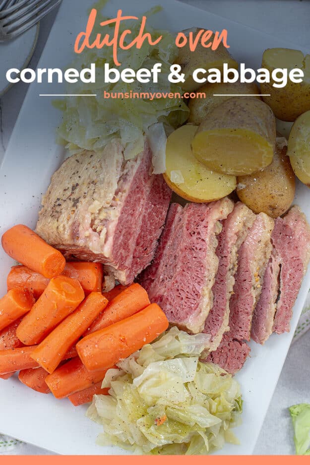 overhead view of corned beef, cabbage, and potatoes on platter.