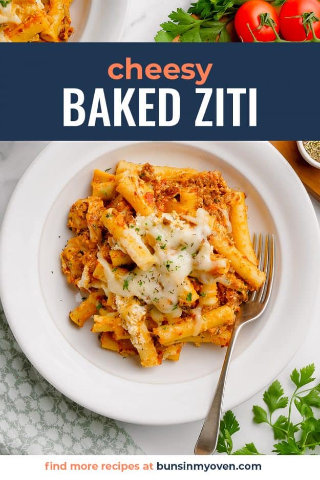 overhead view of baked ziti on white plate