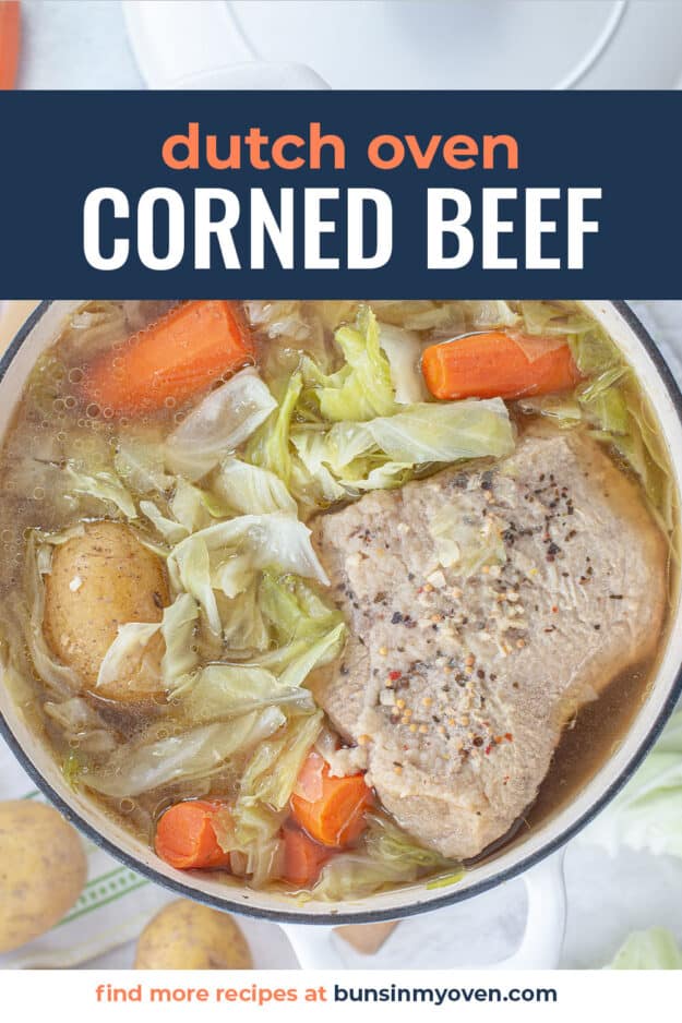 dutch oven corned beef and cabbage recipe with text for Pinterest.