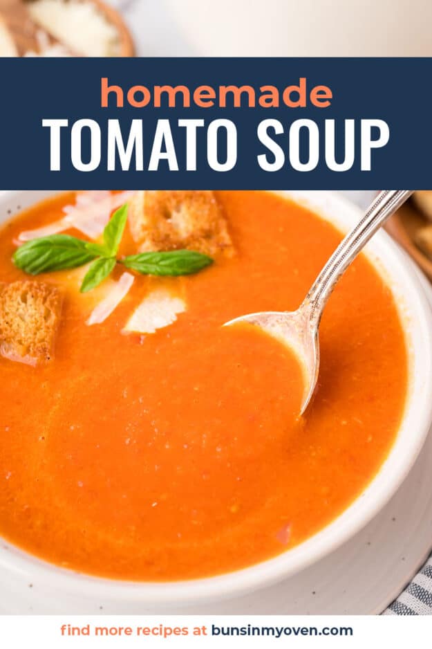 Tomato soup on spoon.