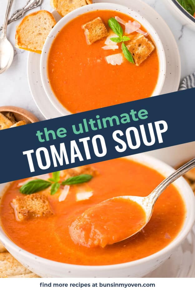 Collage of tomato soup images.
