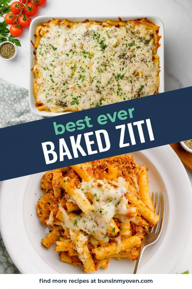 collage of baked ziti images.