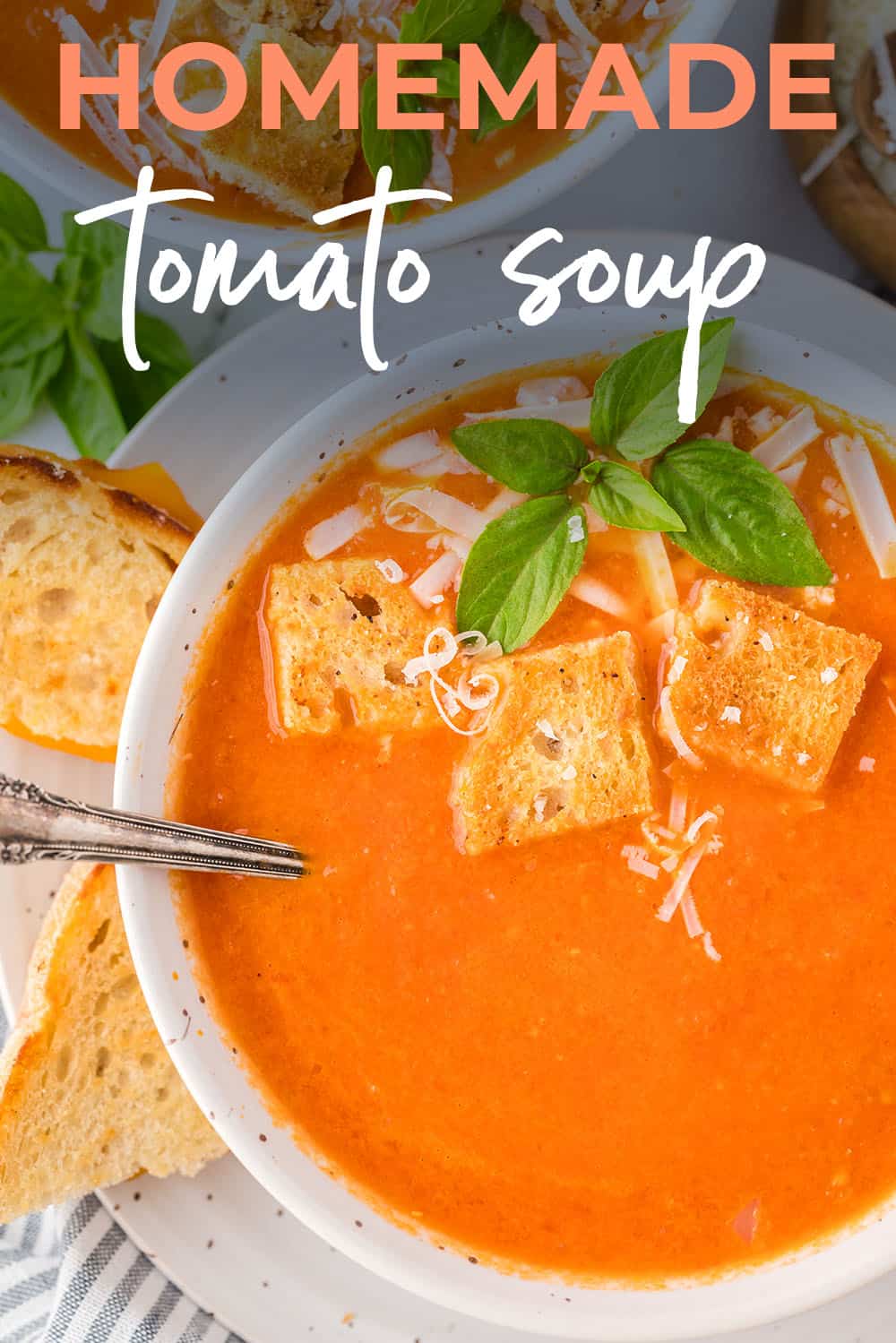 Homemade tomato soup topped with croutons.