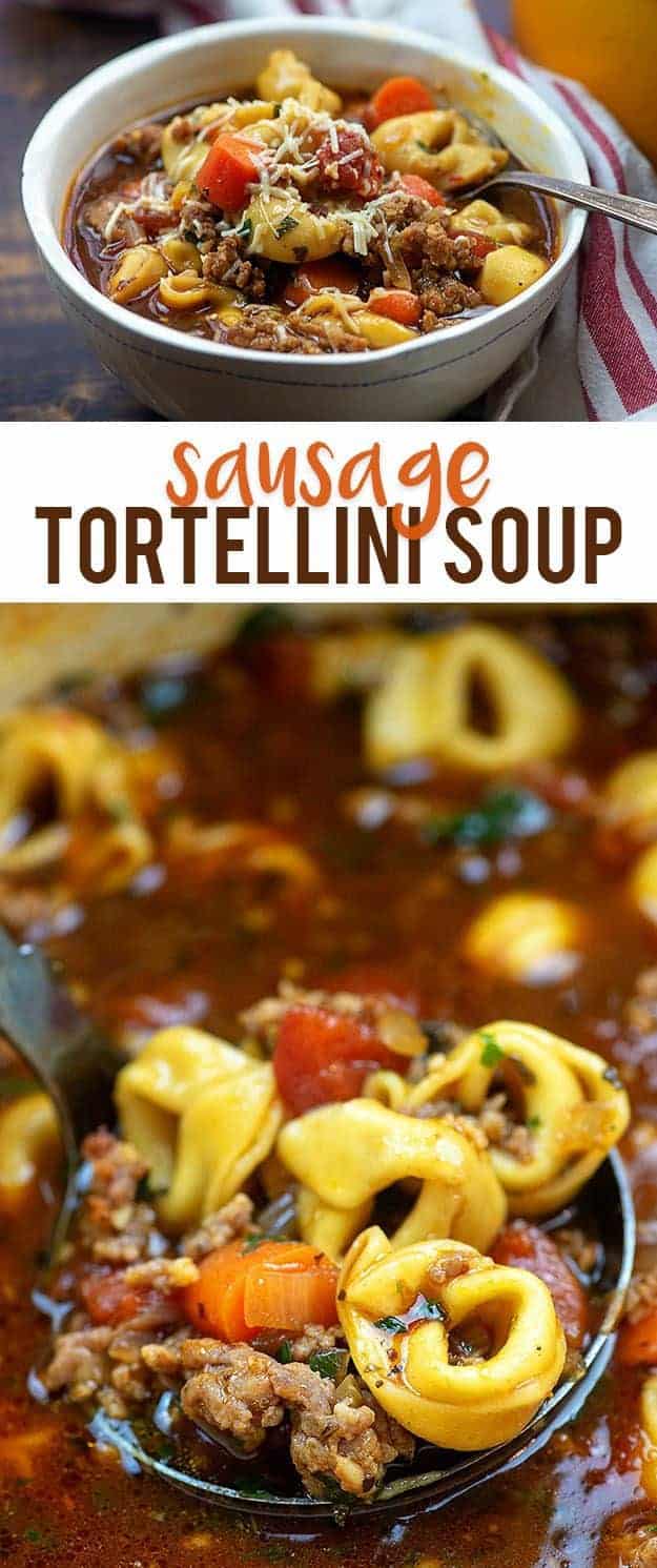 A ladle full of tortellini soup 