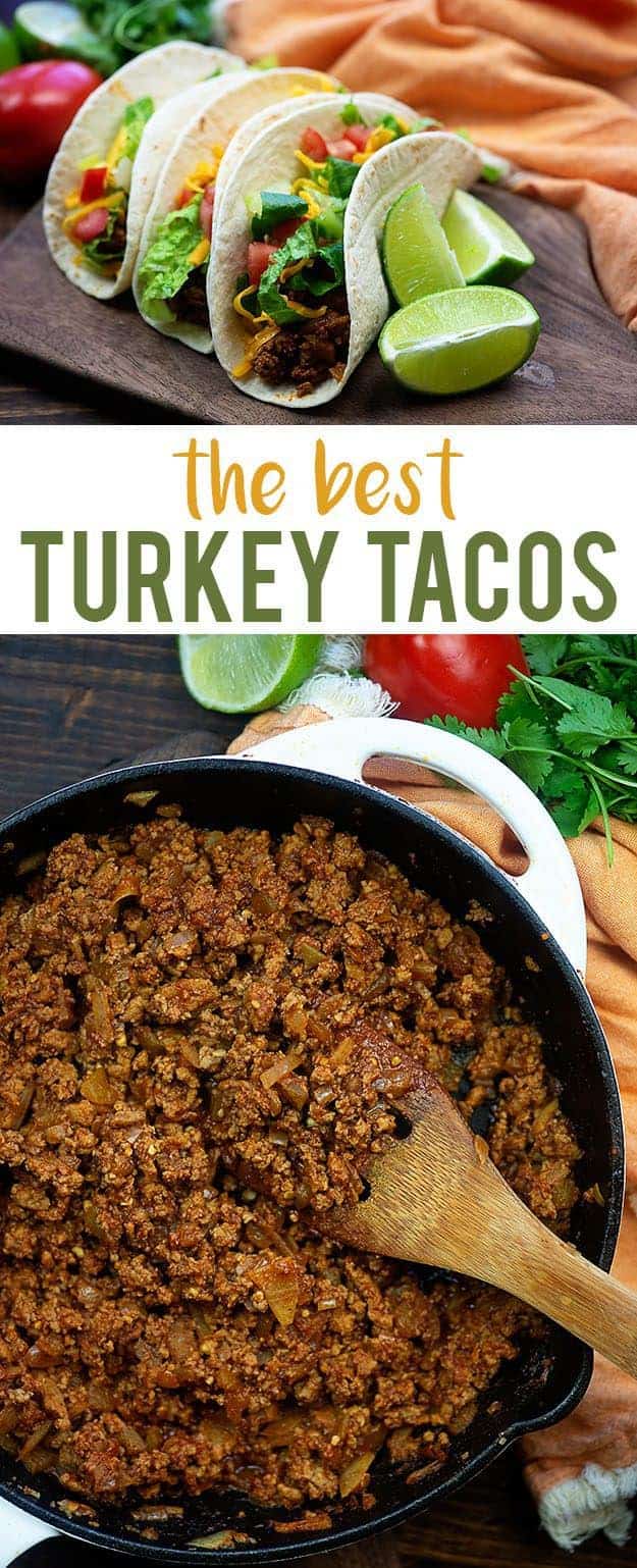 Turkey taco meat in a white cast iron skillet