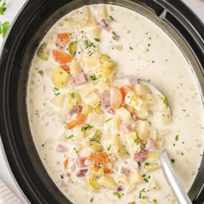 Slow cooker ham and potato soup in crockpot.