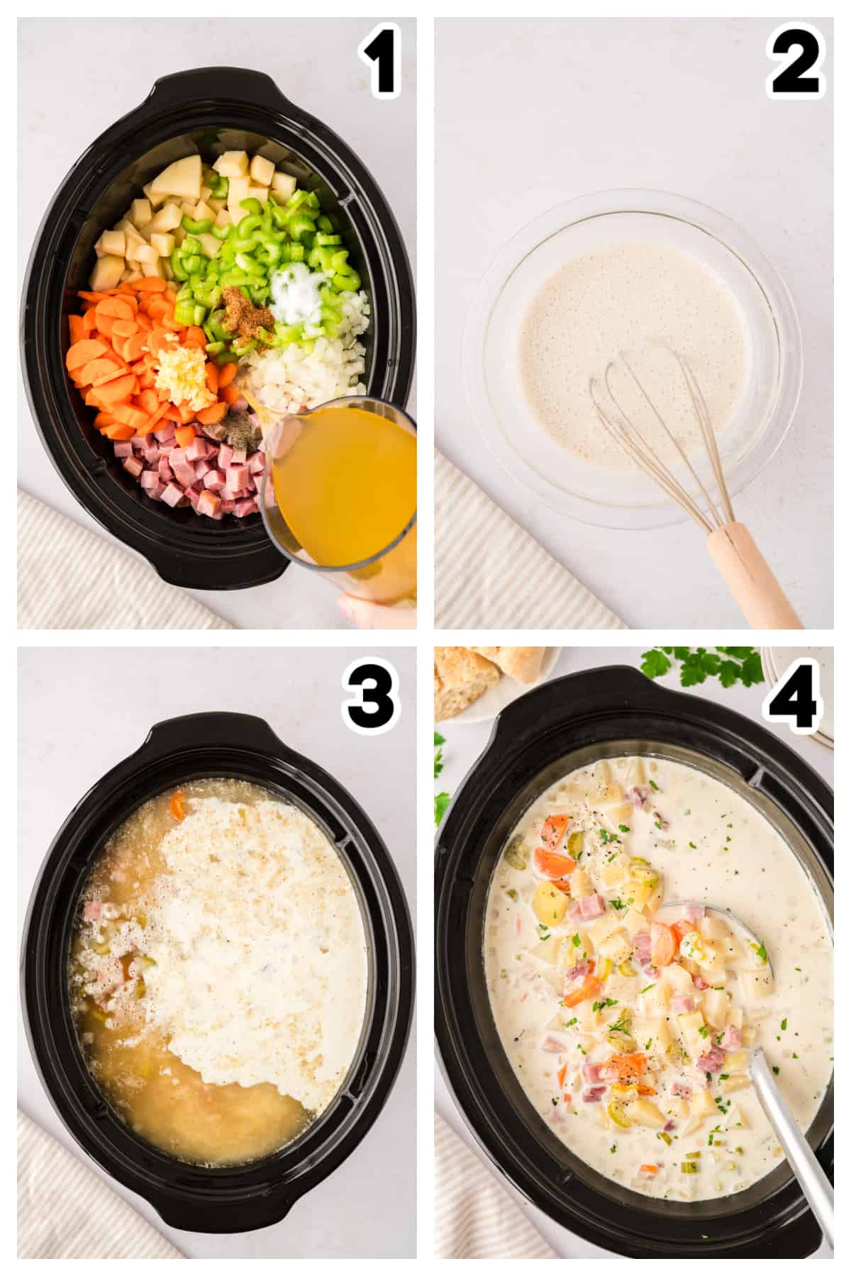 Collage showing how to make ham and potato soup in the crockpot.