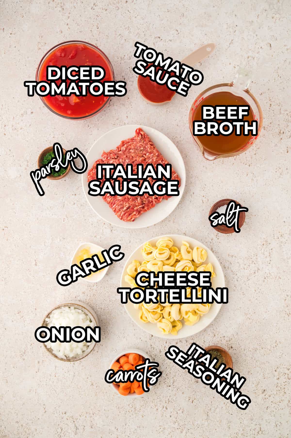 Ingredients to make sausage and tortellini soup recipe.