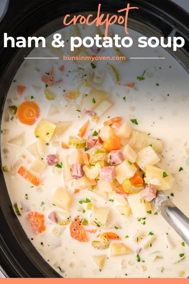 Slow cooker full of creamy ham and potato soup.
