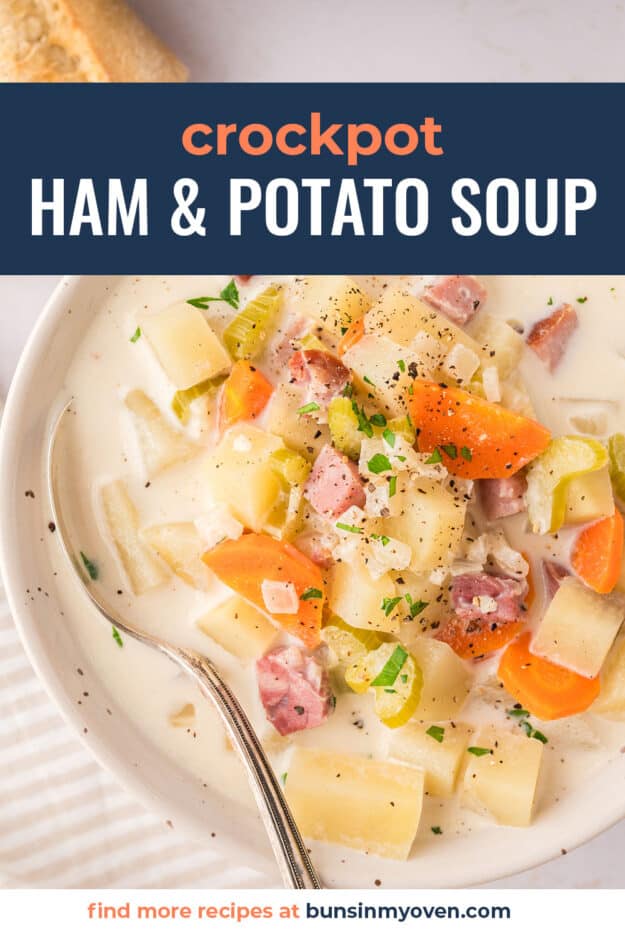 Close up of potato and ham soup recipe.