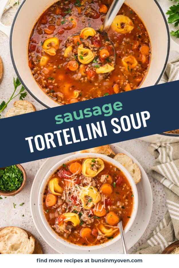 Collage of sausage tortellini soup images.