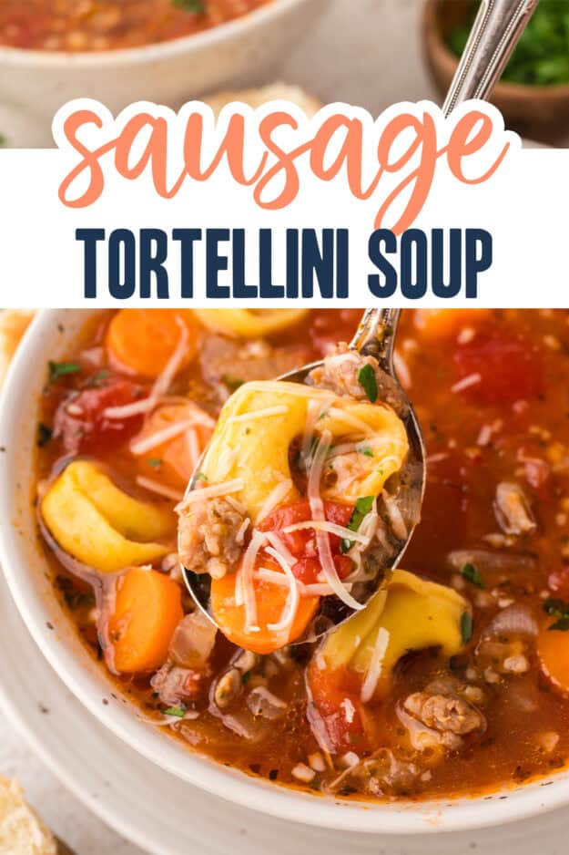 Tortellini sausage soup in bowl.